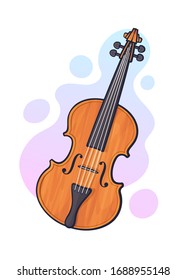 Vector illustration. Classical wooden violin without a bow. Stringed bow musical instrument. Blues, jazz, orchestral equipment. Clip art with contour for graphic design. Isolated on white background