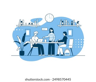 Vector illustration of classmates preparing for a school project in a classroom or library. Students discuss a school assignment while writing down thoughts and ideas on a laptop and in a notebook.