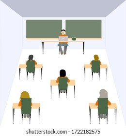 Vector Illustration Of A Classroom. With A. Teacher And A Few Pupils All Sitting With Distance Apart Concept Of New Normal Classroom With Social Distancing After Covid-19 Coronavirus Pandemic Lockdown