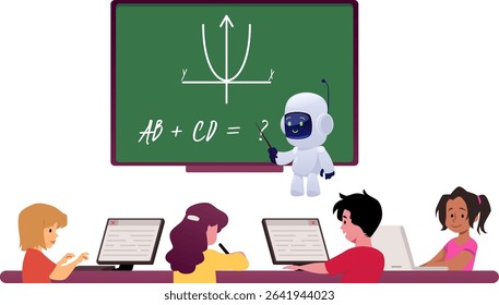 Vector illustration of classroom with chatbot robot teaching math to kids on computers. Kids using computers for learning. Cartoon flat style. Isolated background.