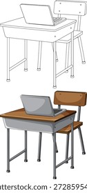 Vektorgrafik des Klassenzimmers Schreibtisch mit Laptop, farbige und Linie Kunstversionen, sauberer weißer Hintergrund