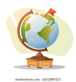 Ilustração vetorial de um globo de sala de aula mostrando continentes com uma bandeira vermelha, ideal para geografia, educação ou temas de viagem.
