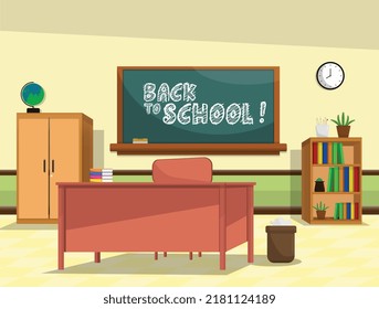 vector illustration of a classroom interior at school with a teacher's desk, bookcase, world globe, blackboard and trash can. modern school interior education concept full flat horizontal banner