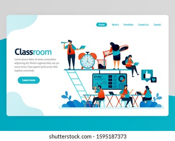 Vector illustration for classroom landing page. Modern and cozy class for millennials. Pleasant lesson. Startup workspace and coworking space. Fun education. Homepage header web page template apps