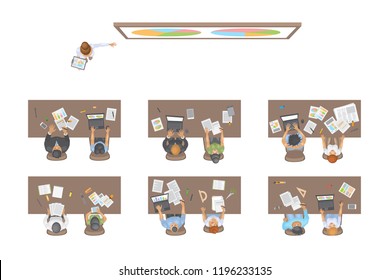 Vector illustration. Classroom. Top view. People studying at the university or college, sitting behind the desks. (view from above) Teacher is giving a lecture.