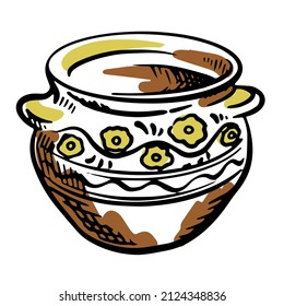 Vector illustration of a clay pot with flowers. Moldovan national dishes