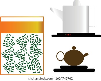 Vector illustration of clay pottery and stainless steel kettle Bowl of golden tea leaves.