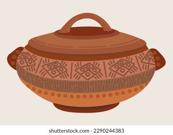 Vector illustration of clay soup tureen isolated on light beige background.