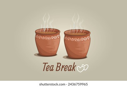 Vector illustration of clay tea cups. Indian traditional tea cup with hot tea Vector. Hand drawing Tea break Vector illustration.