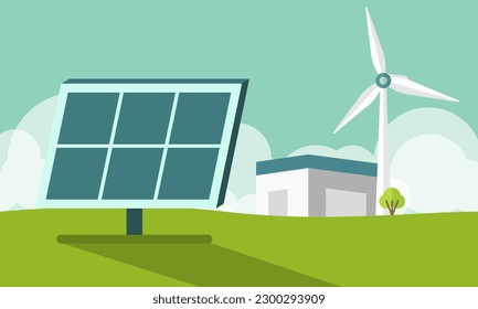 ilustración vectorial de la energía eléctrica limpia de fuentes renovables solar y eólica. Edificios de plantas de energía con paneles solares y turbinas eólicas en el horizonte urbano del paisaje.