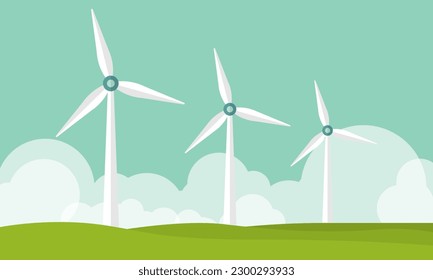 vector illustration of clean electric energy from renewable sources sun and wind. Power plant station buildings with solar panels and wind turbines on city skyline urban landscape background.