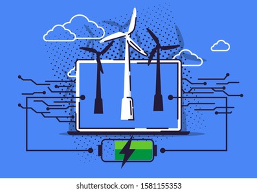 Vector illustration of clean energy concept, laptop with windmills, energy generation, battery