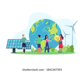 Ilustración vectorial Concepto de energía limpia. Energía renovable para un futuro mejor. Personas con energía inocua para el medio ambiente, panel solar y turbina eólica. Ilustración vectorial en un estilo plano