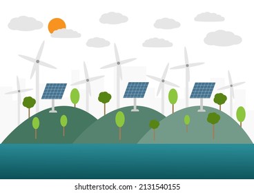 Ilustración vectorial concepto de energía limpia, ahorro del medio ambiente con energía limpia, energía limpia por energía solar y eólica, salvación del mundo, mundo verde y no contaminación 