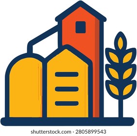 Vector illustration of a clean grain elevator silo icon with wheat, symbolizing agricultural industry and food storage.