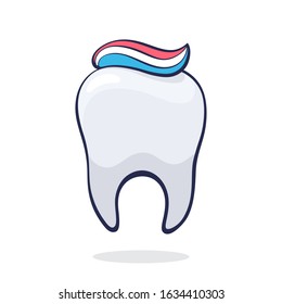 Vector illustration. Clean healthy human tooth with toothpaste. Symbol of somatology and oral hygiene. Graphic design with contour. Clip art for packaging, signboard. Isolated on white background