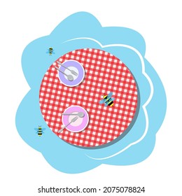 Ilustración vectorial con platos, horquillas y cucharas limpias sobre un mantel rojo a cuadros. Las abejas vuelan alrededor de la mesa.