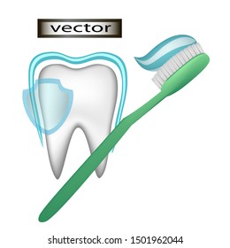 Vector Illustration Illustration Clean Tooth Under Comprehensive Protection Care And Prevention Problems Brush Teeth Toothbrush And Toothpaste