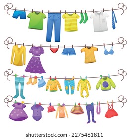 Ilustración vectorial ropa limpia lavada de niños se seca en una línea, ropa lavada de hombres y mujeres se seca, ilustración de conjunto, ropa colorida 