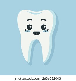 Vector illustration of a clean white tooth with kawaii eyes in flat style. The vector is isolated on a soft pastel background. Perfect for dental care, children’s dentistry, and medical-themed designs