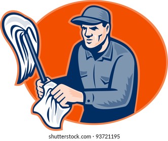 vector illustration of a cleaner janitor holding a cleaning mop and wipe set inside ellipse done in retro woodcut style.