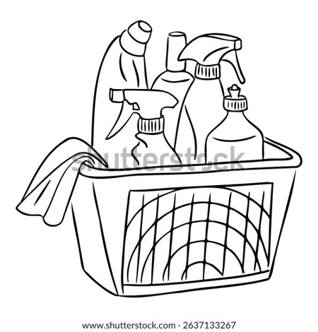 Vector illustration of a cleaning basket with spray bottles, detergent and cloth on white background. Housekeeping and hygiene concept representing cleanliness and home care in hand drawn style