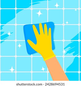 Vector illustration of cleaning bathroom wall surface with cloth and hands using yellow protective gloves. The concept of keeping the house and bathroom clean.