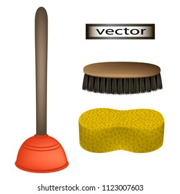 Vector illustration for cleaning, brush sponge and plunger to sweep and wash the floor and toilet, 3D realistic image.
