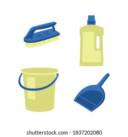 Limpieza de ilustraciones vectoriales. Recogida de diferentes equipos para limpieza interior, herramientas domésticas aisladas. Cubo, cepillos.
