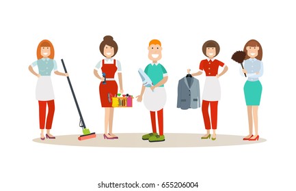 Vector illustration of cleaning company staff cartoon characters. Cleaning people concept flat style design elements, icons isolated on white background.