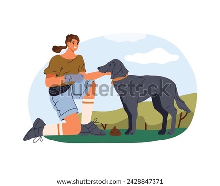 Vector illustration of cleaning dog excrement. Poster for pet waste clean outdoor. Flat cartoon poster for canine toilet. Puppy poo cleanup. Environment garbage pick up with disposable gloves.