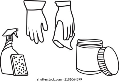 Vector Illustration Of Cleaning Equipment Gloves, Spray Bottle, Sponge And Jar