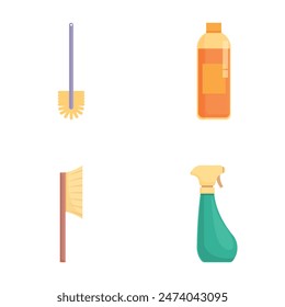 Vector illustration of cleaning equipment icon set for household hygiene and maintenance, including detergent, spray bottle, broom, toilet brush, and more. Perfect for domestic chores and sanitation