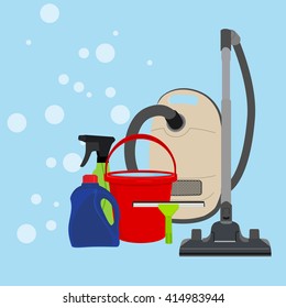 Vector illustration cleaning equipment icon set. Housework appliance - bucket, vacuum cleaner, bottle, spray and window squeegee. 