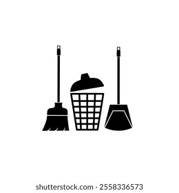 Vector illustration of cleaning equipment including broom, dustpan, and trash can isolated on white background. Representing the theme of cleanliness, hygiene, and sanitation in a simple design.