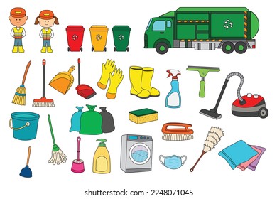 Vector illustration Cleaning equipment set with cleaners and garbage truck