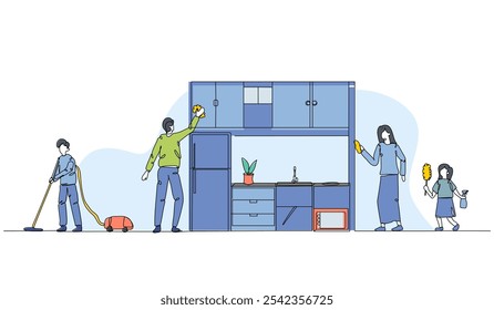 Vector illustration of cleaning the kitchen with the family. Modern flat in continuous line style.