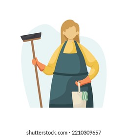 Vektorgrafik einer Putzfrau mit einem Mopp und einem Eimer mit einem Lappen. Beruf. Flachstil