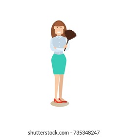 Vector illustration of cleaning lady with pom pom duster. Cleaning people flat style design element, icon isolated on white background.