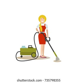 Vector illustration of cleaning lady with vacuum cleaner. Cleaning people flat style design element, icon isolated on white background.