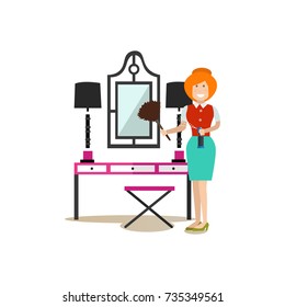 Vector illustration of cleaning lady washing dyes from vanity mirror with brush. Cleaning people flat style design element, icon isolated on white background.