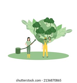 vector illustration of Cleaning planet people. Cartoon flat volunteer cleaner characters clean, care globe Earth, collect plastic waste. World ecology, environment, nature protection isolated on white