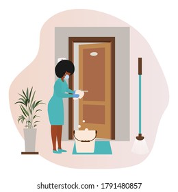 Vector illustration Cleaning service disinfects hotel room from coronavirus, germs. Woman cleans room. Disinfection Washing. Housework. Infection prevention concept. Design for app, web, banner, print