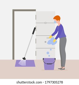 Vector illustration Cleaning service disinfects hotel room from coronavirus, germs. Woman cleans room. Disinfection Washing. Housework. Infection prevention concept. Design for app, web, banner, print