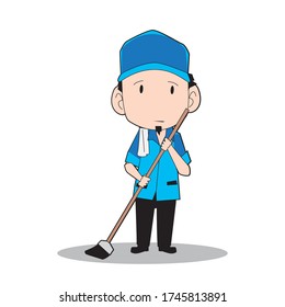 Vector illustration of a cleaning service / office boy sweeping the floor with a sad facial expression, wearing a blue uniform. Can be used for coloring books, comic characters, stickers, or murals.