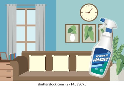 Ilustración vectorial de la botella de spray de limpieza en una sala de estar luminosa y contemporánea con colores neutros