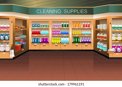 A vector illustration of cleaning supply section in grocery store