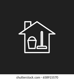 Vector Illustration Of Cleaning Symbol On Bucket With Besom Outline. Premium Quality Isolated Cleaning Day Element In Trendy Flat Style.