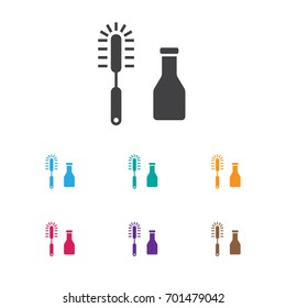 Vector Illustration Of Cleaning Symbol On Brush With Bottle Icon. Premium Quality Isolated Cleanser Element In Trendy Flat Style.