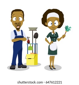 Vector illustration of Cleaning team. Cleaning staff characters with cleaning equipment. Friendly smiling adult janitor African american workers standing